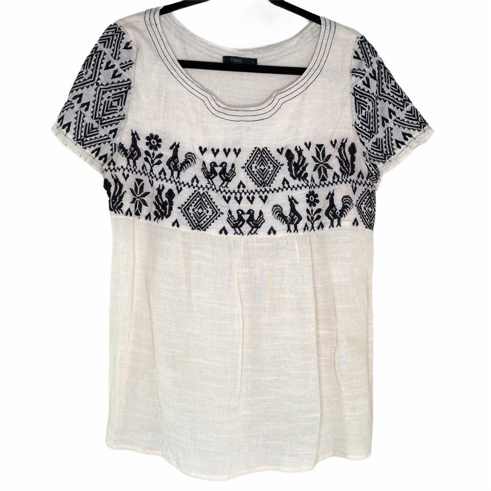 THML Cream Navy Embroidered Blouse EUC